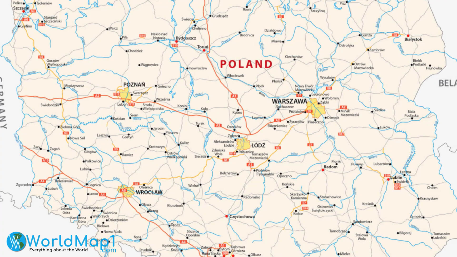 Poznan Lodz ve Wroclaw ile Varşova Haritası